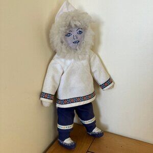 Inuit Hand Crafted Cloth Doll with Traditional Canvas Outfit & Mukluks Vintage